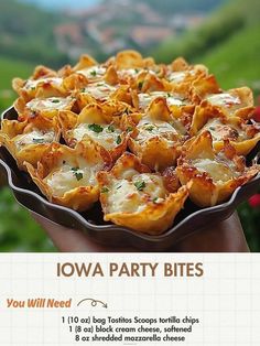 a person holding up a plate of food in front of some hills and flowers with the words iowa party bites on it