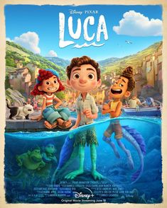 the movie poster for luca, featuring two children and an adult swimming in water