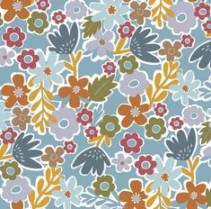 an abstract floral pattern in blue, orange and red colors on a light gray background