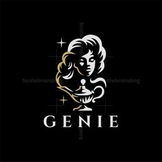 a woman's face with the word genie in gold and white on a black background