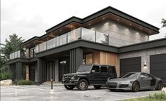 two mercedes benzs parked in front of a modern house with glass balconies