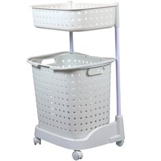 a white plastic laundry basket on wheels with two baskets attached to the back of it