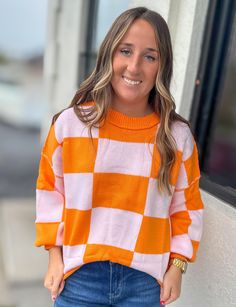 This vibrant Orange Checkered Sweater Top is a must-have for every wardrobe! Comfy and stretchy, it can be styled with anything for a cute and versatile look. Perfect for all seasons and all ages. Check the sizing chart for the perfect fit. Available in Orange + Green Trendy Plaid Sweater For Fall, Fall Color Matching Tops, Trendy Fall Sweater With Color Matching, Trendy White Color Block Sweater, Trendy Oversized Color Block Sweater, Orange Fitted Trendy Sweater, Playful White Sweater For Fall, Trendy Fitted Orange Sweater, Trendy Multicolor Stretch Sweater