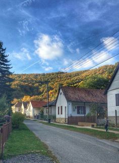 a rural road with houses on the side and mountains in the background