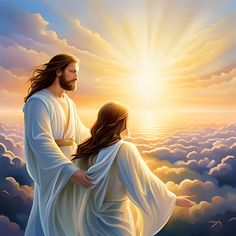 jesus holding the hand of a woman in clouds with sun shining behind her and blue sky