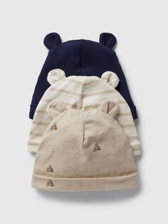 Soft cotton knit beanie.  Bear ear appliques at top.  Assorted prints and colors.  For more fit and sizing info, check out our Size Guide. Casual White Cotton Bonnet, Adjustable Cotton Hats By Gap, Unisex Cotton Hats For Winter, Playful Cotton Beanie, Unisex Casual Cotton Beanie, Casual Cotton Beanie Unisex, Casual Unisex Cotton Beanie, Cute Cotton Bonnet For Winter, Cute Cotton Cap Beanie