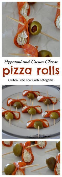 an image of appetizers and cream cheese pizza rolls with olives on skewers