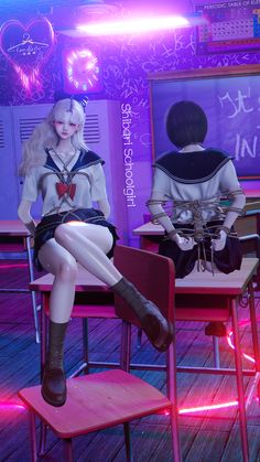 two anime characters sitting at desks with neon lights