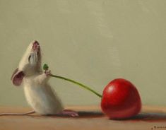 a painting of a mouse with a flower in its mouth next to a red apple