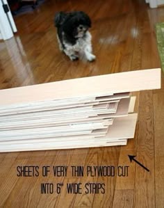 a dog is standing in front of a table that has been cut into 6 wide strips