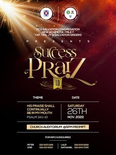 an event poster with the words success pray on it