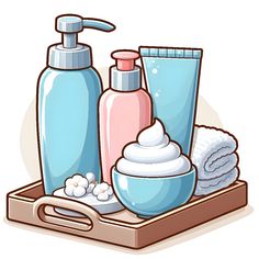 a tray with soap, lotion bottles and other items on it for hygiene or skin care