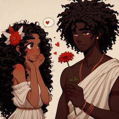 two black women with curly hair and one holding a flower