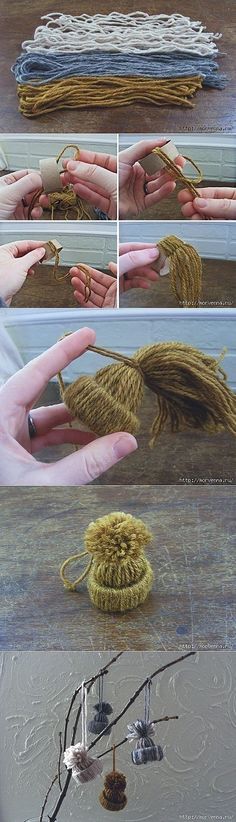 four pictures showing how to make an ornament out of rope and yarns