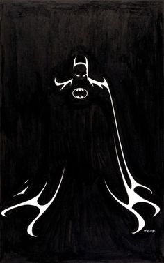 a black and white drawing of a batman standing in the dark with his cape open