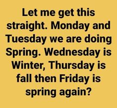 a yellow background with the words let me get this straight monday and tuesday we are doing spring