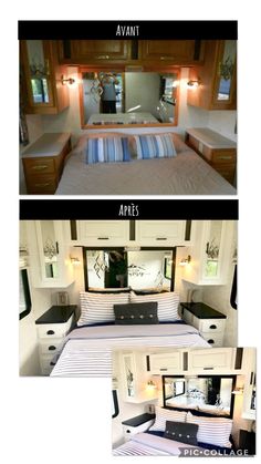 before and after photos of a bedroom in a motor home