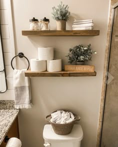 a bathroom with two shelves above the toilet