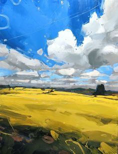 an oil painting of a yellow field under a cloudy blue sky