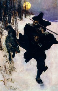 a painting of two people in the snow with brooms on their heads and one person carrying something behind them