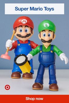 two toy mario and luigi are standing next to each other with the words super mario toys on