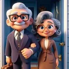 an older man and woman are standing in front of a blue door with glasses on