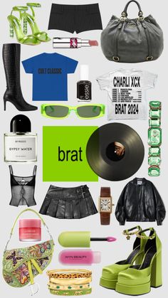 a collage of various items including shoes, handbags and bags with the words brat written on them