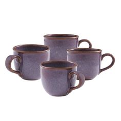 four purple coffee mugs sitting next to each other