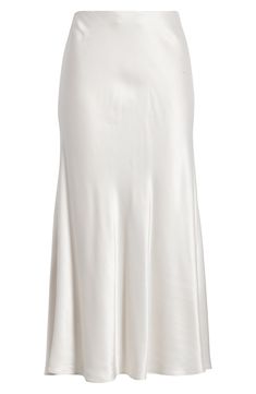 Put some slink in your step in this solid satin midi skirt fitted with a concealed-elastic waistband to help you move through your day with ease. 32" length (size Medium) Concealed-elastic waist Unlined 55% rayon, 45% viscose Dry clean Imported Chic White Satin Maxi Skirt, White Midi-length Bottoms For Evening, White Midi Length Bottoms For Evening, Classic Fitted Satin Skirt, Elegant Satin Midi Pencil Skirt, Elegant Satin Pencil Skirt, Classic Silk Flared Skirt, White Satin Skirt For Formal Occasions, Elegant Knee-length Satin Bottoms