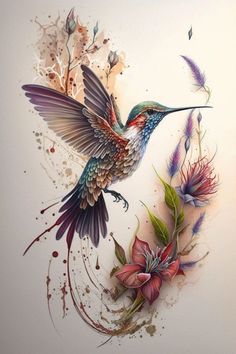 a painting of a hummingbird and flowers