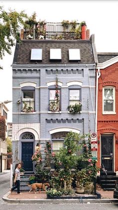 a person standing in front of a building with plants on the roof and flowers growing from the windows