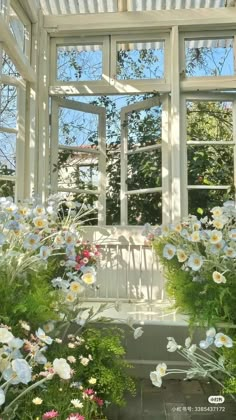 the sun shines through an open window with flowers in front of it and below