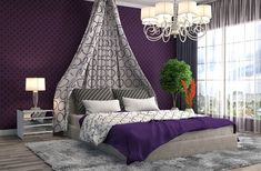 a purple and grey bedroom with a canopy bed, chandelier, rugs and windows