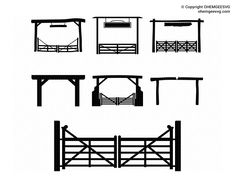 the silhouettes of different fences and gates are shown in black on a white background