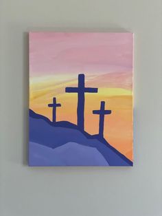 a painting of three crosses on top of a hill