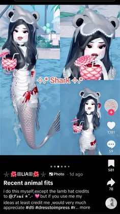 the screenshot shows an animated image of a woman in a fish costume holding a fork and knife