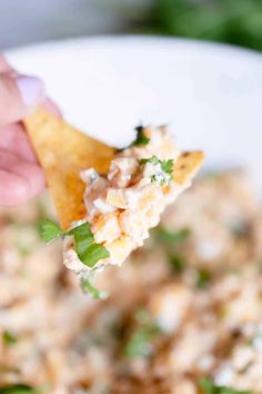 a hand holding a tortilla chip over a white bowl filled with rice and cilantro