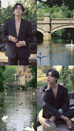 three different shots of a man in a suit sitting on a bench near the water