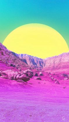 the sun is setting over some mountains and desert terrain in this artistic photo, it appears to be an alien landscape