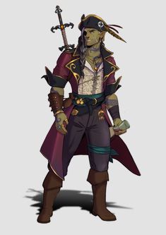 Male Rogue Character Art, Dnd Pirate Art, Half-orc Male, Dnd Orc, Pirate Character, Critical Role Cosplay, Rogue Character, Half Orc, Pathfinder Character