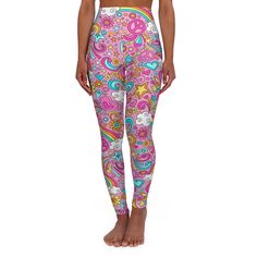 **The 70s are Back** Groovy vibes are in! Think psychedelic swirls, bold floral prints, peace, love and rainbows baby! These skinny fitting high-waisted yoga leggings will take you from workout to store run in comfort and groovy vibe style.  They are  custom designed with an all-over groovy print that adds an instant pop to any athleisure wardrobe. Note: Runs small, consider sizing up for best comfort and coverage! .: 83% Polyester, 17% Spandex .: Skinny fit .: Outside seam thread is color-matched to design .: Interior white seam thread .: Double layer waistband .: Assembled in the USA from globally sourced parts. Pattern is a Mobius Bloo unique custom design.  PLEASE NOTE: This item is custom designed and created, as they are ordered, and cannot be returned as they are created specificall Athleisure Wardrobe, Groovy Vibes, High Waisted Yoga Leggings, Bold Floral Print, Legging Outfits, Boutique Design, Rainbow Baby, Peace Love, Outfits With Leggings