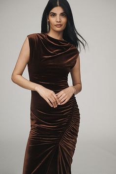 Elegant Draped Velvet Dress, Elegant Fitted Ruched Velvet Dress, Elegant Ruched Velvet Mini Dress, Elegant Ruched Velvet Dress, Elegant Stretch Velvet Dress, Elegant Ruched Velvet Dress For Cocktail, High Neck Midi Dress, High Neck Maxi Dress, Velvet Maxi Dress