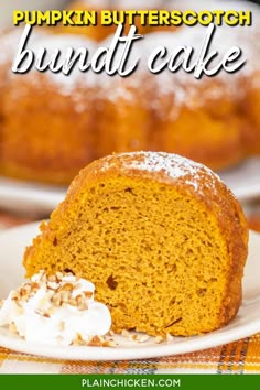 pumpkin butterscotch bundt cake on a plate with whipped cream