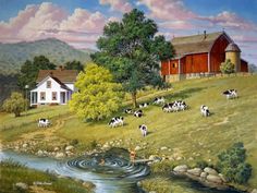 a painting of cows grazing in a field next to a river and barn with water running through it