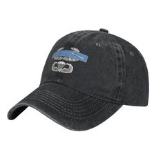 a black hat with an embroidered logo on the front and side, featuring a blue ribbon