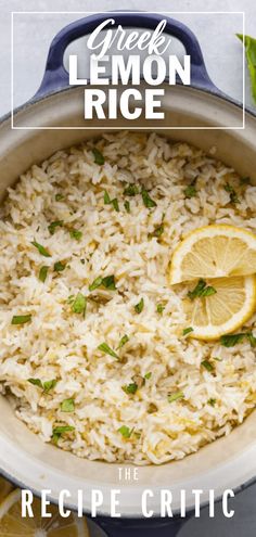 the recipe for greek lemon rice is shown in a pan