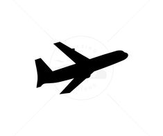 an airplane is flying in the sky, black and white silhouette on a white background