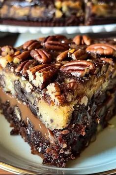 a slice of chocolate pecan pie on a plate