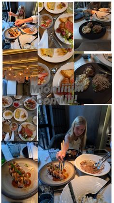 a collage of photos showing different types of food on plates and serving utensils