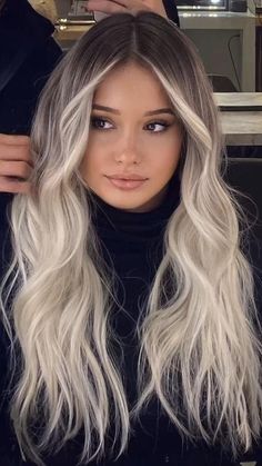 Rooted Icy Blonde Hair, Silver To Blonde Hair, All Over Platinum Blonde Highlights, Dark Root Icy Blonde Balayage, Different Hair Color Ideas For Blondes, Ash Blonde Balayage With Highlights, Icy Blonde Shadow Root With Money Piece, Brown To Platinum Balayage, Balayage Hair Platinum Blonde